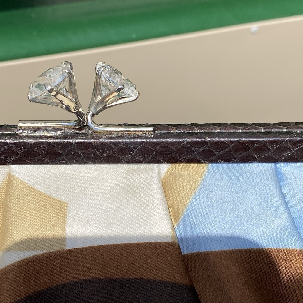 Vintage Coach Snakeskin Kisslock Frame Wristlet Clutch Satin Scarf Print Crystal - Picture 9 of 16